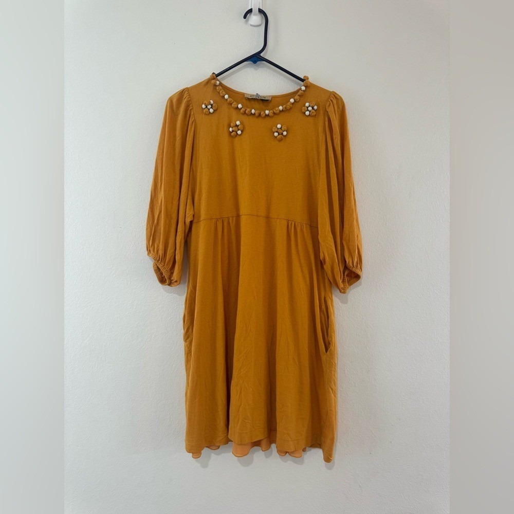 See By Chloe Mustard Yellow Embellished 3/4 Sleeve Dress Size 12 (719)